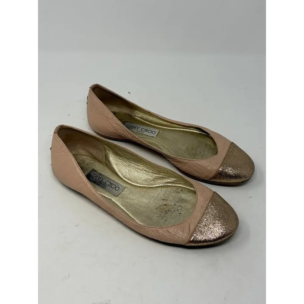Jimmy Choo ballet flats 37 cap toe pink gold leather *flaws*